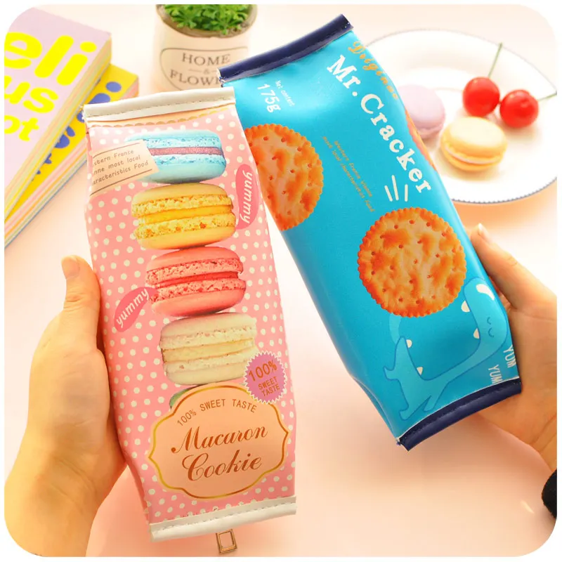 

Korean Creative Macaron Cracker School Pencil Case Cute PU Leather Pen Bag Kawaii Stationery Pouch Office School Supplies Zakka