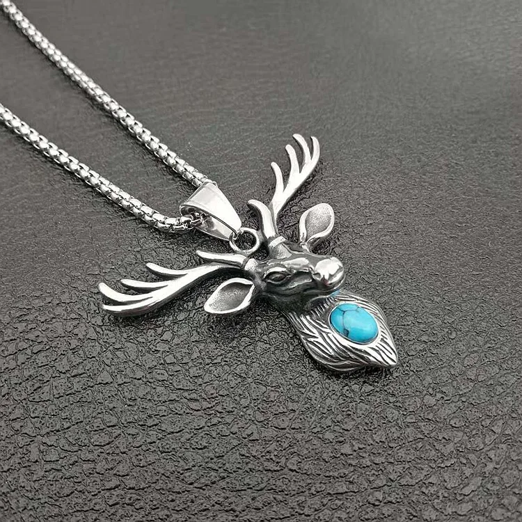 

Hip Hop Silver Color animal elk antlers Pendants & Necklaces deer With green stone Long Twist Chain Statement Necklace Woman Men