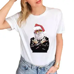 Новый летний рок Санта Клаус футболка Веселая футболки Для женщин с принтом Рождественская футболка Мягкий хлопок Повседневное белые топы