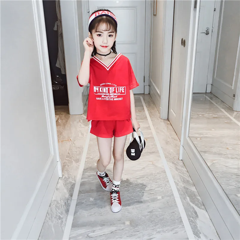 Лидер продаж, летний детский спортивный костюм из хлопка с короткими рукавами для девочек, спортивный костюм модная детская футболка, комплект повседневной одежды