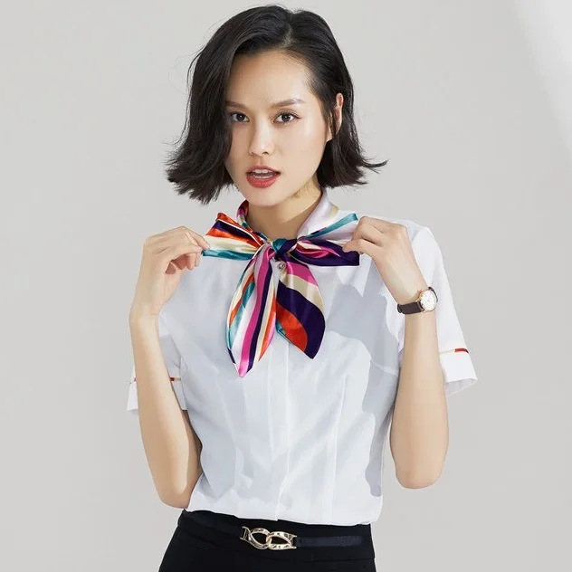 

Summer Formal Ladies Work Blouses Women White Shirts with Bow Tie Short Sleeve Office Uniform Styles