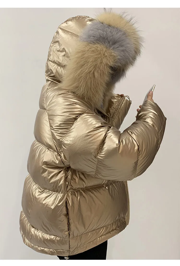 Зимнее пуховое пальто из блестящей ткани золотистого и серебряного цвета с большим воротником из натурального Лисьего меха, с капюшоном, женская одежда с капюшоном, теплые пуховые парки wq631