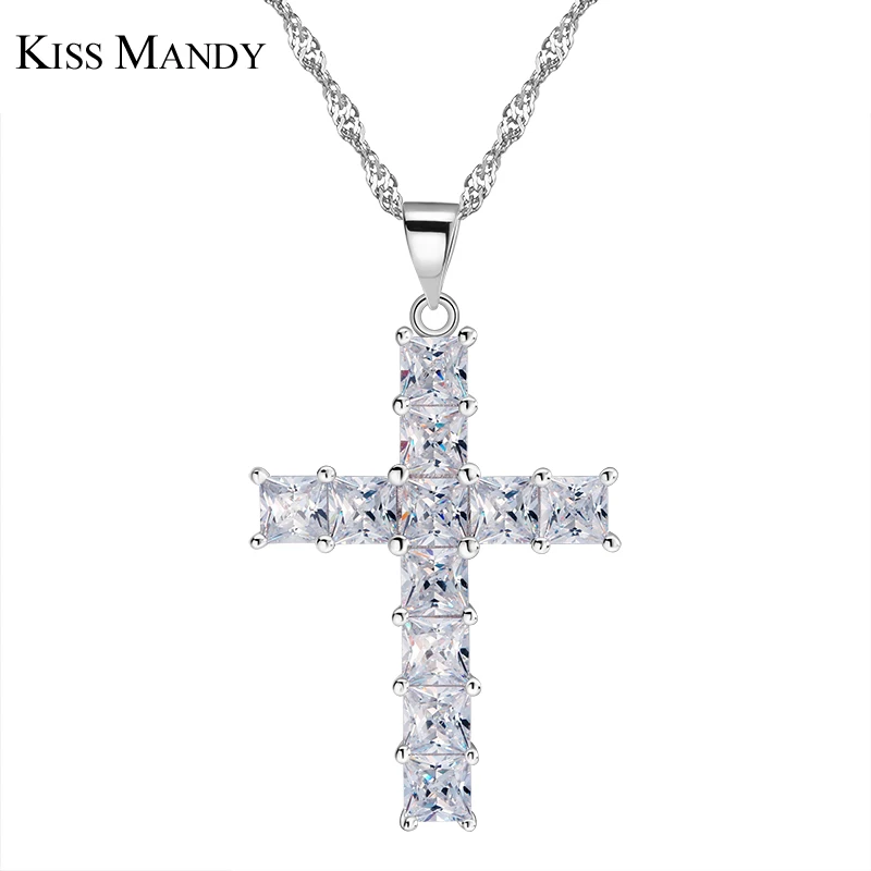 KISS MANDY Cross Necklace Women Pendant With 45CM Chain 11 PCS Cubic
