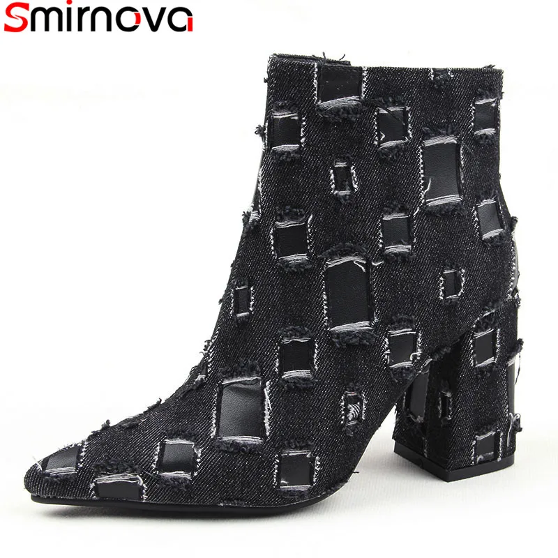 

Smirnova 2019 autumn winter boots women pointed toe zip square high heels shoes Denim ankle boots for women big size 35-43