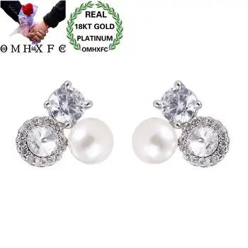 

OMHXFC Wholesale European Fashion Woman Girl Party Birthday Wedding Gift Pearl AAA Zircon 18KT White Gold Stud Earrings EH93