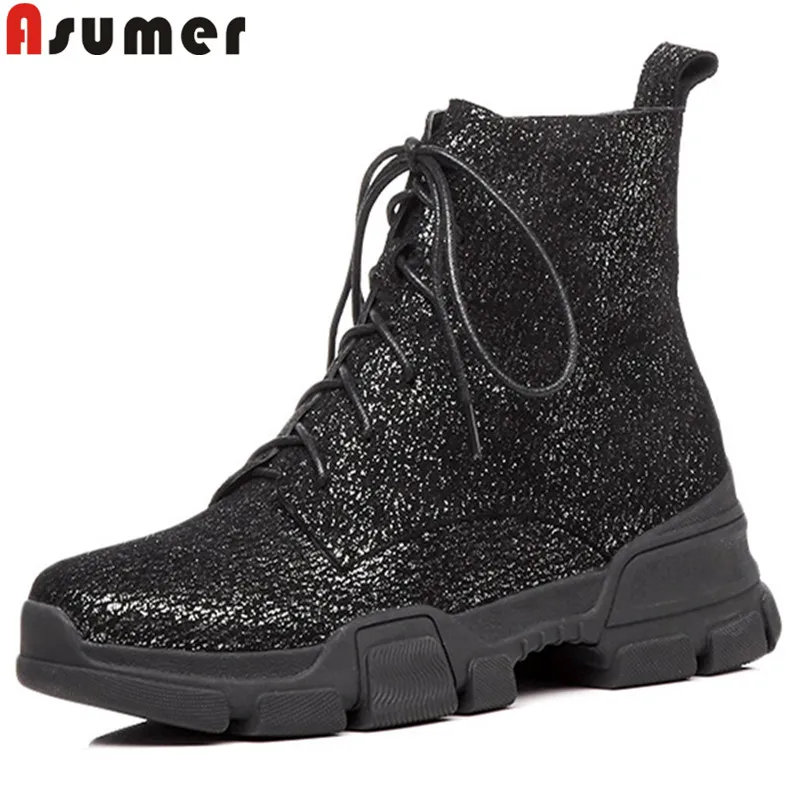 

ASUMER black fashion autumn winter boots women round toe zip ankle boots cross tied flat with genuine leathe boots 2020 new