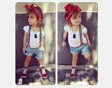 Lovely baby girls white short sleeve cotton t shirt +denim shorts with belt set fashion summer kids casual clothing 17J701
