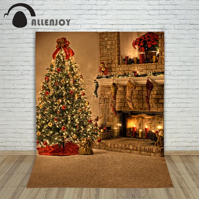 Chimenea de imágenes de fondo de vinilo Árbol de navidad con bolas de