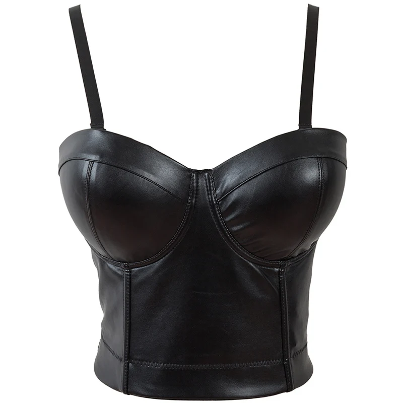 

2018 New Style Women Summer Crop Top Black Steampunk Sleeveless Latex Camis Plus Size Night Club Party Faux Leather Crop Bra Top