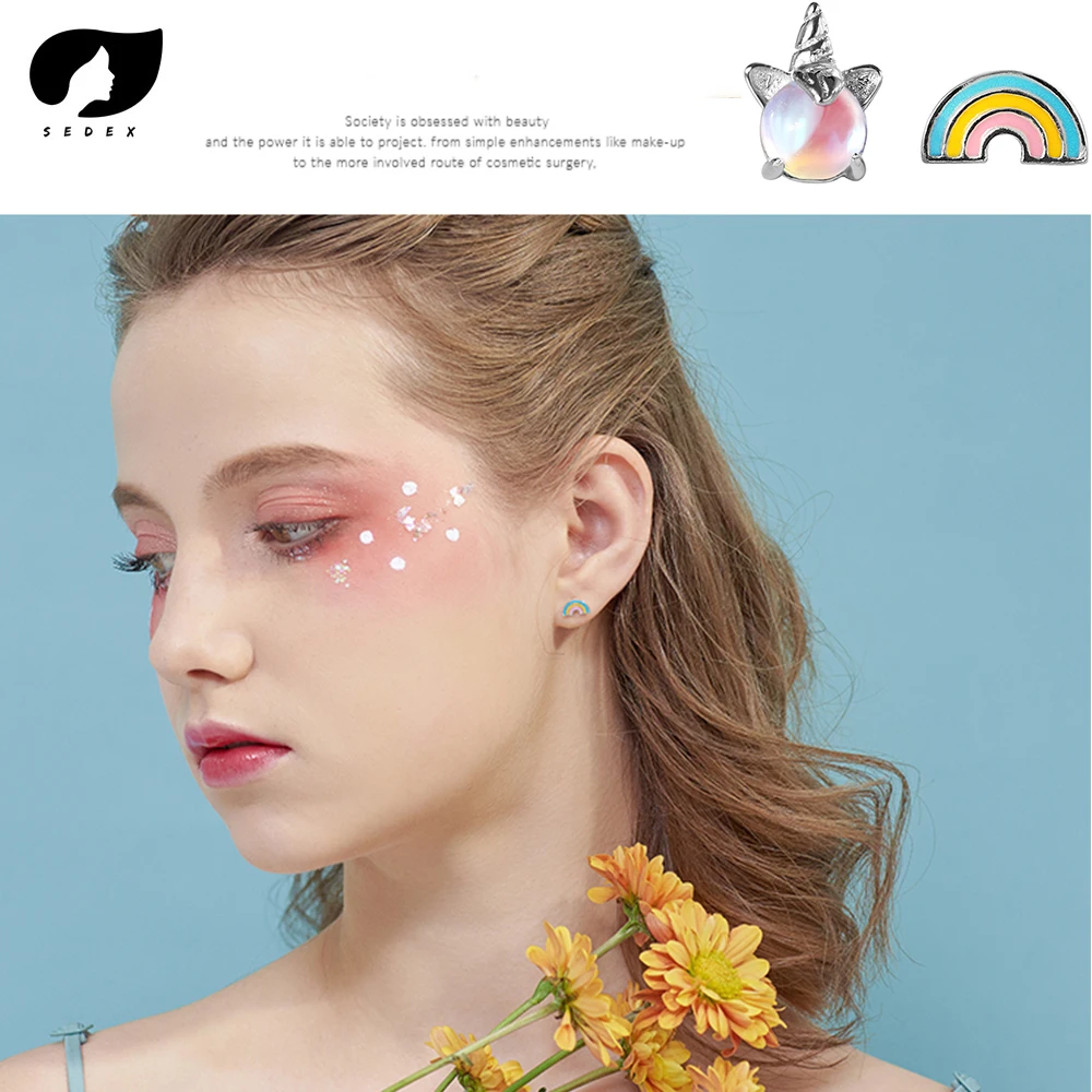 

SEDEX Original Unicorn C-Shaped Lovely Stud Earrings Sweet Girl Moonstone Hook Earrings Ear Clip Animal Fashion Jewelry