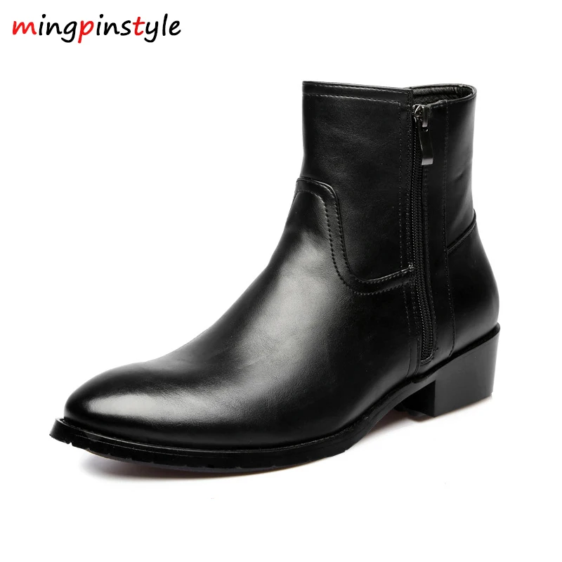 

Hot Sales 2018 Leather Genuine Cowhide Leather Boots Men High Zip Top British Fashion Men's Fashion Style Chelsea Boots Black