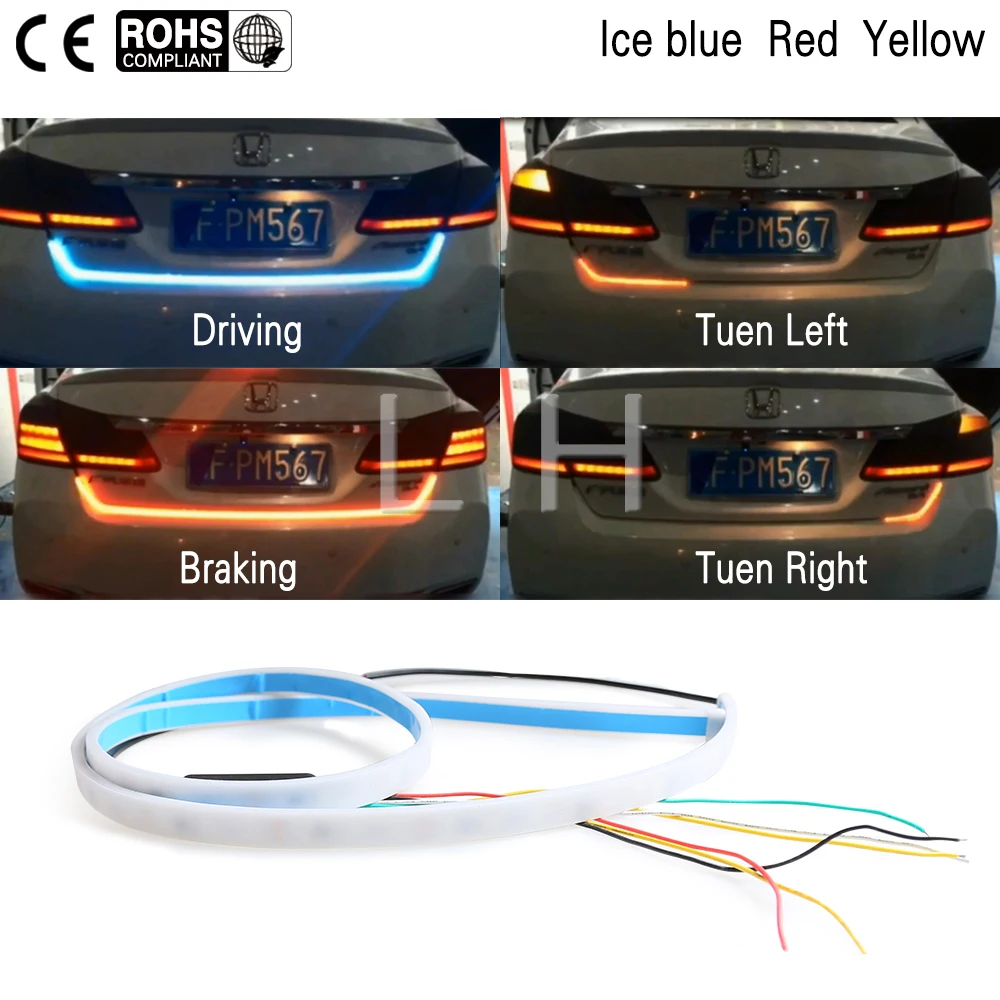 3 Color LED Car Tail Trunk Tailgate Strip Light Brake 120cm Driving Signal Knight Blue Red
