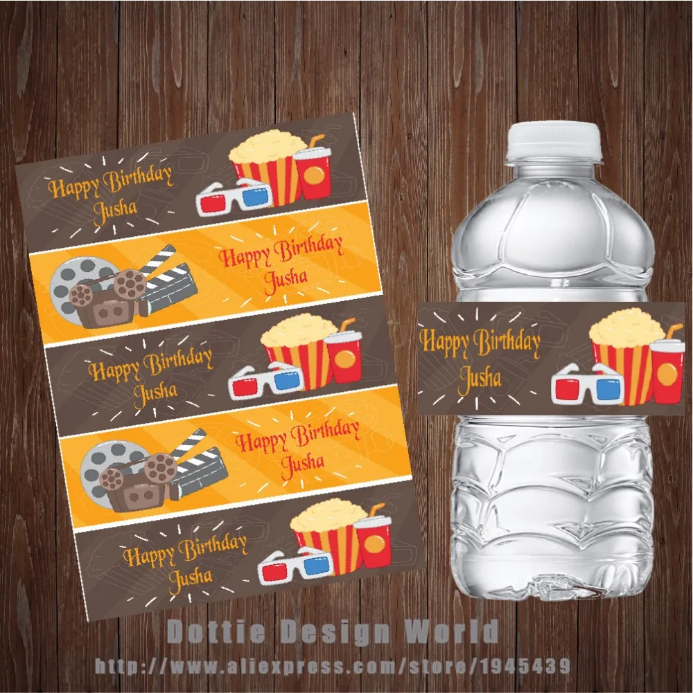 

20 pcs/lot Movie Water Bottle Labels Custom Cinema Candy Bar wrapper Baby shower Birthday Party Wedding decoration free shipping