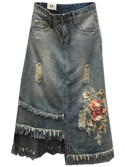 Джинсовые юбки с высокой талией, женские стильные джинсовые юбки с цветочной вышивкой, повседневные юбки Harajuku Boyfriend
