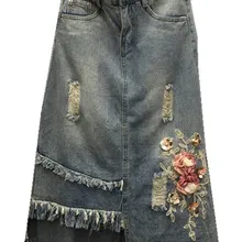 Джинсовые юбки с высокой талией, женские стильные джинсовые юбки с цветочной вышивкой, повседневные юбки Harajuku Boyfriend