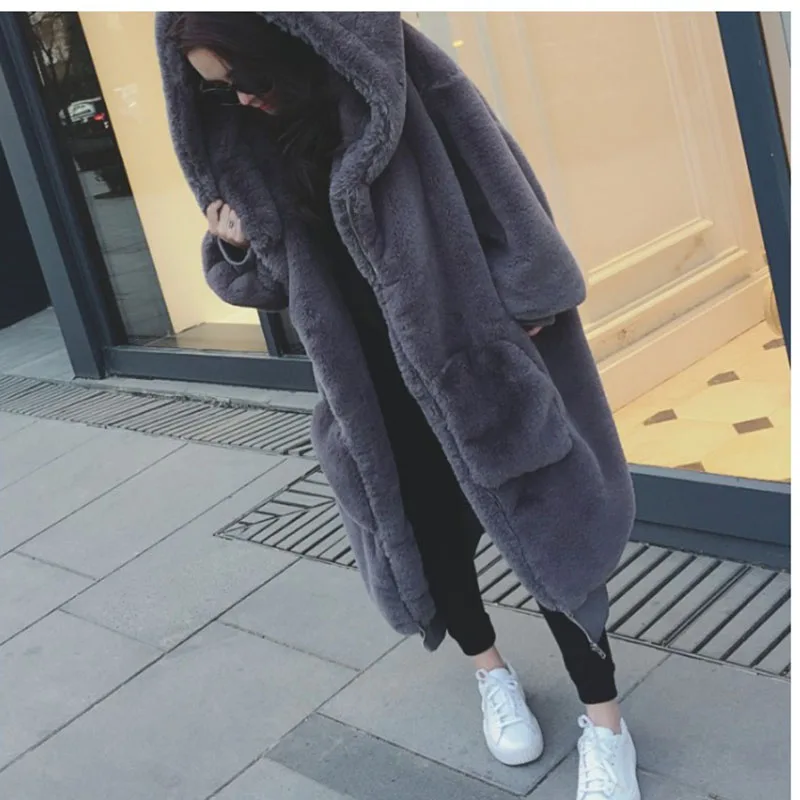 Winter Warm hooded Large size Medium length Solid color Fur & Faux Fur Women 2018 New Casual Long sleeve Women Fur coat LH335