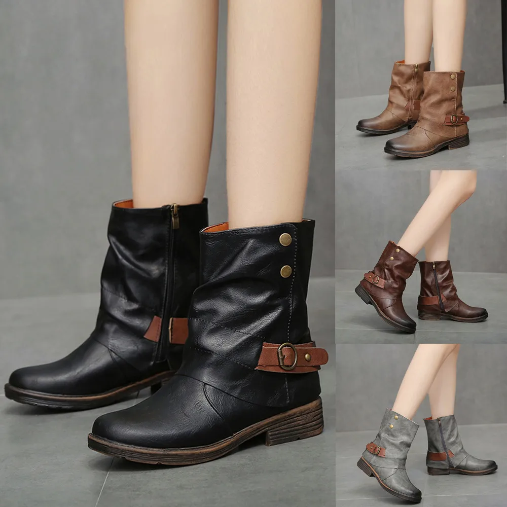 Винтажные женские зимние ботинки; кожаные ботинки с круглым носком; полусапожки на молнии до середины икры; обувь на квадратном каблуке в британском стиле; botas mujer