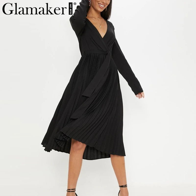 Женское вечернее платье миди Glamaker черное элегантное весеннее с глубоким v