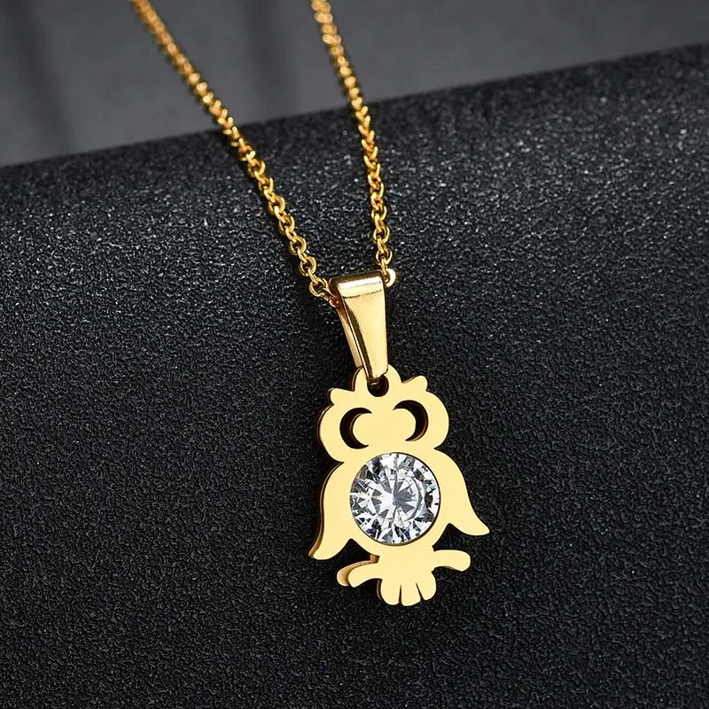 gold owl Колье из нержавеющей стали, милое ожерелье в виде совы и медведя, циркониевый в форме сердца, ожерелье в виде животного, подарок для женщин и детей - Окраска металла: gold owl