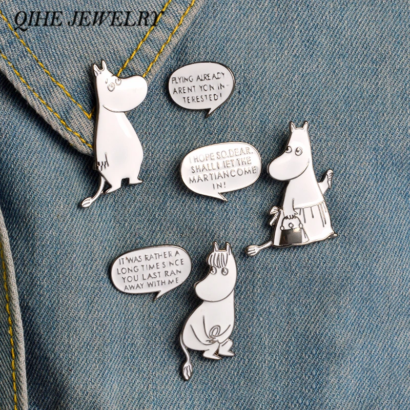 

QIHE JEWELRY 1 set Brooches and pins Hard enamel cartoon white hippo family pins Hippopotamus badges Lapel pins