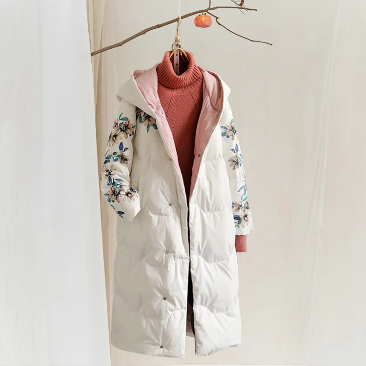 Literary Retro Down Jacket Printing Loose Long Hooded Down Jacket Coat Women Winter White Black Literary Retro Down Jacket Printing Loose Long Hooded Down Jacket Coat Women Winter White Black