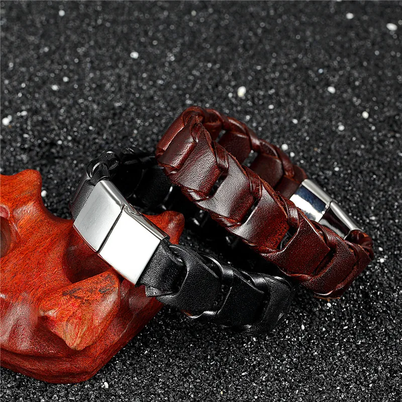 MKENDN, модные ювелирные изделия, мужские кожаные браслеты из нержавеющей стали с магнитной пряжкой, Мужской винтажный браслет, индивидуальный подарок