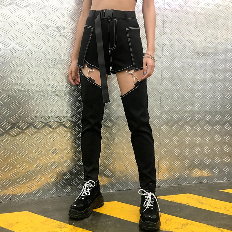 SUCHCUTE Harajuku Высокая талия брюки для девочек для женщин Повседневное Гаремные Брюки, Капри лоскутное цепи черные мотобрюки выдалбливают