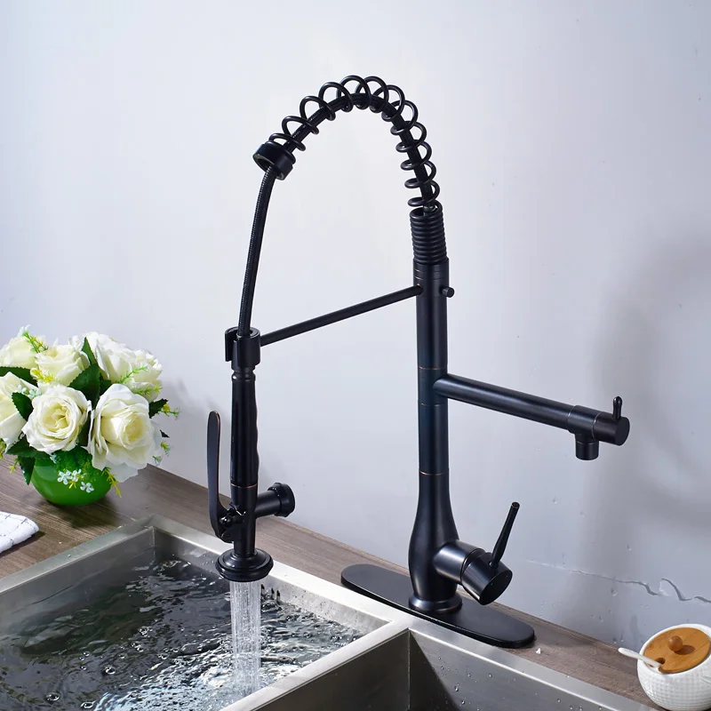 Luxury Dual Sprayer Nozzle Kitchen Mixer Faucet Single Handle with Bracket Black Hot and Cold