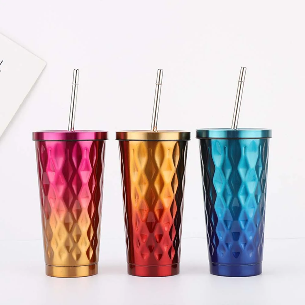 

New Stainless Steel Tumbler with Straw Hot and Cold Double Wall Drinking Cups Coffee Mugs 500ML Irregular Diamond