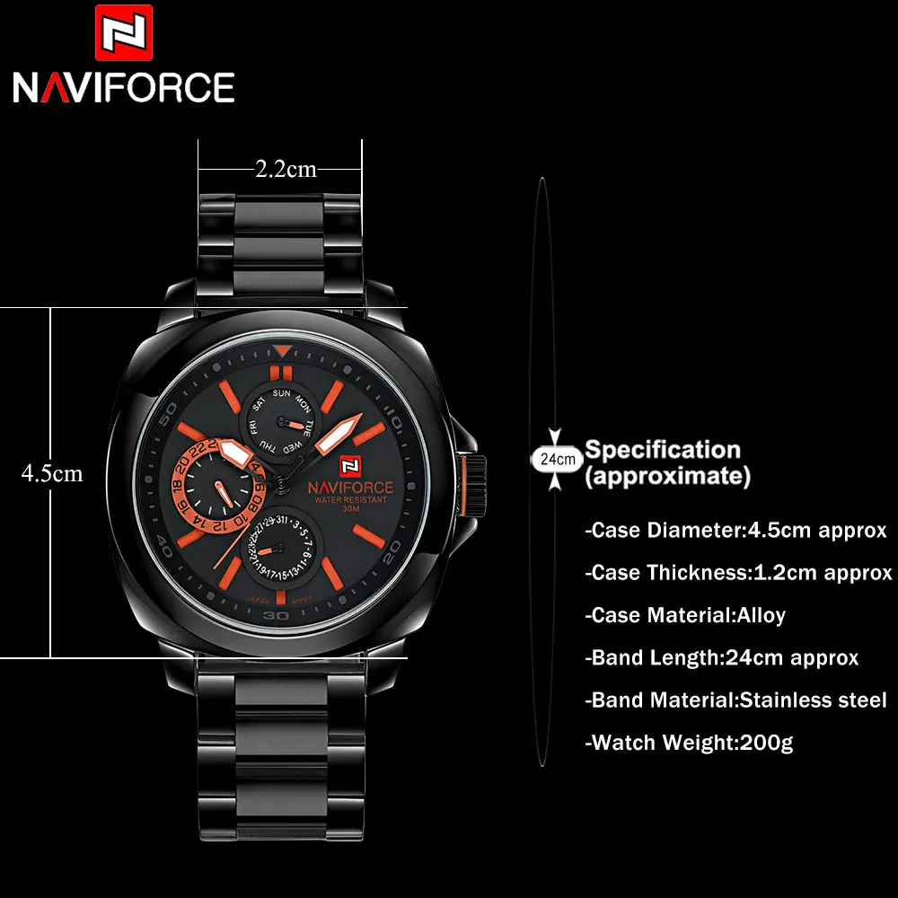 Часы NAVIFORCE Мужские кварцевые водонепроницаемые до 30 м с браслетом из нержавеющей