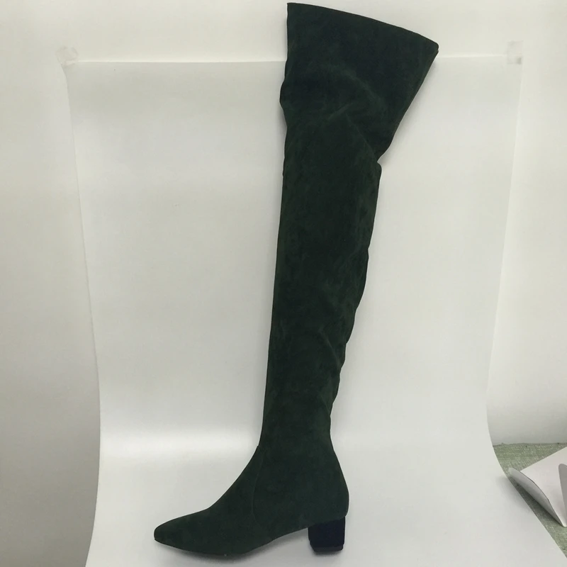 Dark Green Knee High Women Boots Round Toe Hoof Heels Synthetic Shoes