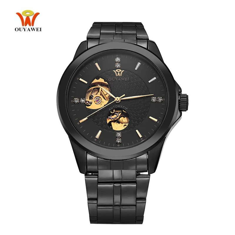 

2017 OUYAWEI Luxury Skeleton Automatic Mechanical Watch Diamond Dial Stainless Steel Band Wrist Watch Men 5 Color for Best Gift