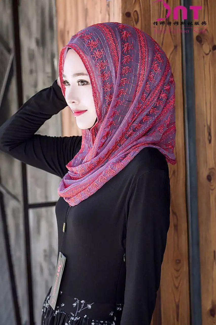 

2019 summer Muslim women silk embroidery hijab long scarves