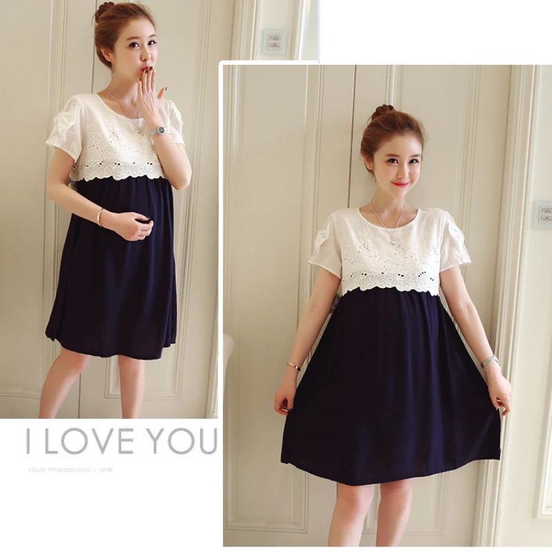 Pregnant Women Lace Splicing Patchwork Dress Summer Pregnancy Clothes for Pregnant Casual Loose Short Sleeve Maternity Dresses (6)