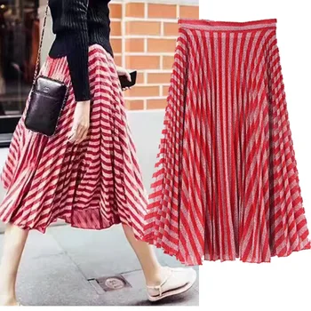 

High waisted skirt new spring and summer with red stripe of bright skirt A-line