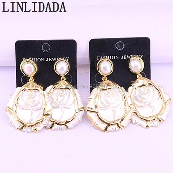 

3Pair Gold Electroplated Natural Shell Carved flower pattern Jewelry Earring white shell charm dangle earring for women