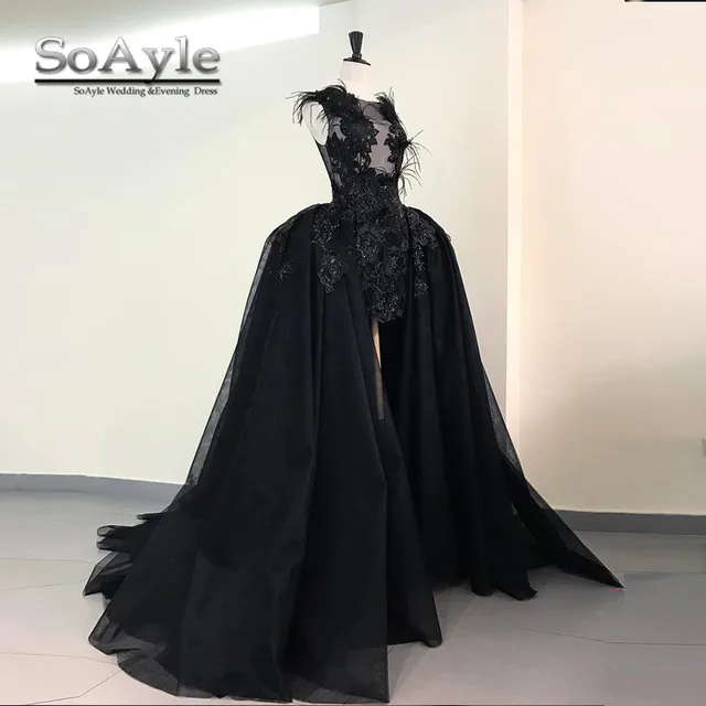 black feather ball gown