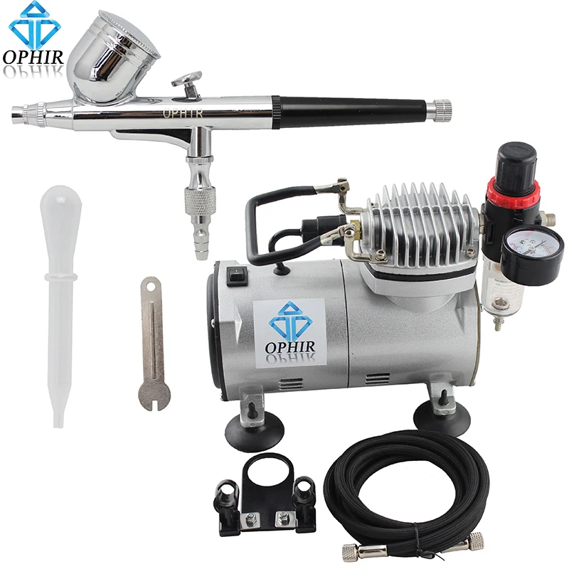 OPHIR 0.3mm Dual-Action Airbrush Kit with Air Compressor Air Pressure Gauge Filter for Nail Art Model Car Paint Makeup_AC089+004 OPHIR 0.3mm Dual-Action Airbrush Kit with Air Compressor Air Pressure Gauge Filter for Nail Art Model Car Paint Makeup_AC089+004