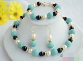 

huij 003633 Set 14mm round turquoise black agate white pearl necklace bracelet earring
