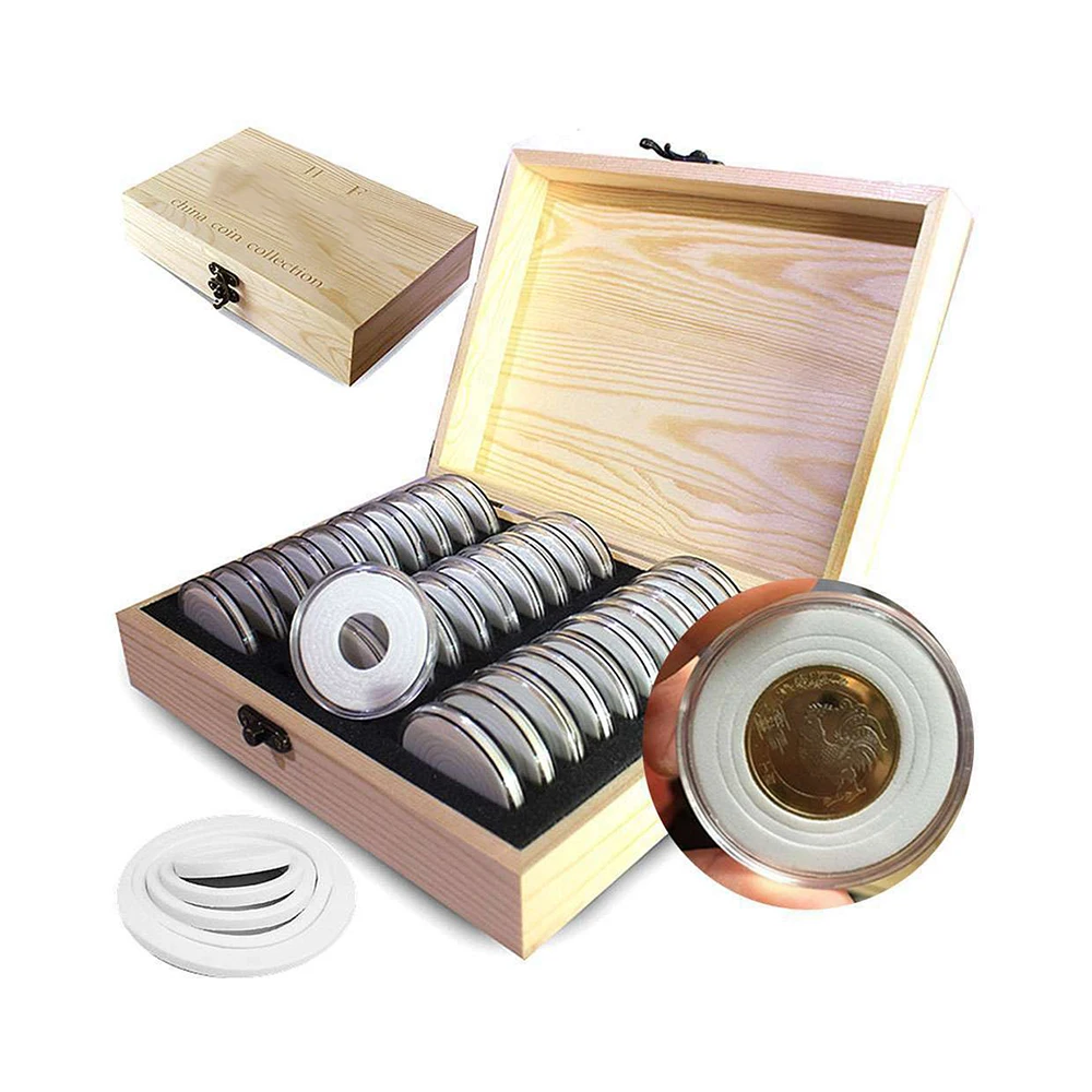 

2019 New Box 21*16*6CM Coins Display Box Wooden Storage Box Case for Collectible Coin With 30 Capsules