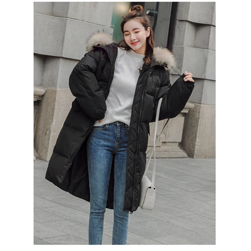 2018 зима новый корейской версии в длинный пуховик хлопка padd пальто Для женщин свободные с капюшоном большой меховой воротник теплая куртка