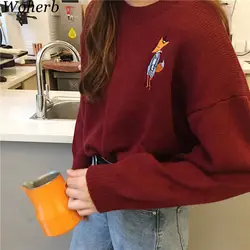 Woherb Повседневное Свободный пуловер Вязание свитер Для женщин Harajuku Kawaii джемпер мультфильм лиса Вышивка Осень свитер Mujer 20261