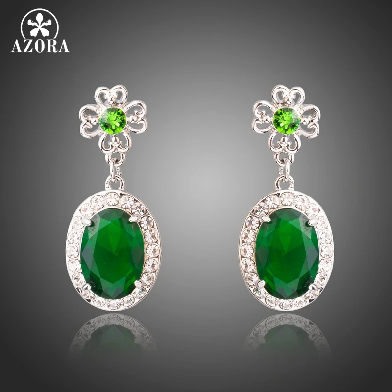 AZORA White Gold Color Oval Green Cubic Zirconia Flower Drop Screw Back Earrings TE0280