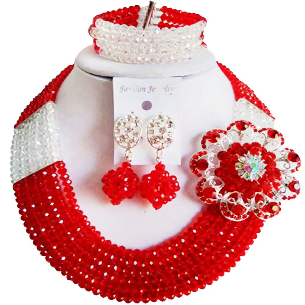 

Red Transparent Crystal African Beaded Necklace Nigerian Wedding Beads Bridal Party Jewelry Set for Women 6C-SS029