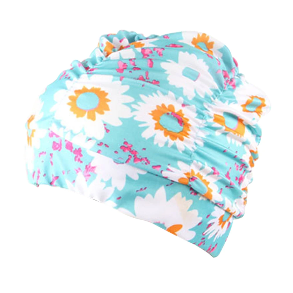 

Women Nylon Fashion Adult Stretch Swimming Cap Long Hair Pleated Pool Flower Printed Bathing Hat Beach Elastic