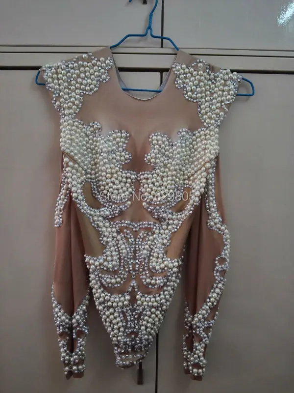 Sexy perly s dlouhým rukávem kombinézu Dámské oblečení Party Dance Body oblek Noční klub Bar Kostým Žena Singer Leotard Wear