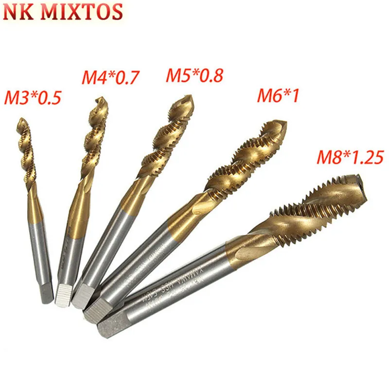 

5pcs/set High Speed Steel HSS Titanium Screw Thread Titanium Coated Metric Spiral Hand Plug Tap Drill Bit Set M3 M4 M5 M6 M8