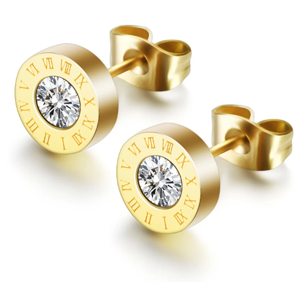 Роскошная золотая римская цифра, ожерелье с кристаллами, серьги для женщин, Свадебная вечеринка, нержавеющая сталь, женский ювелирный набор, подарочная коробка - Окраска металла: Gold Earring