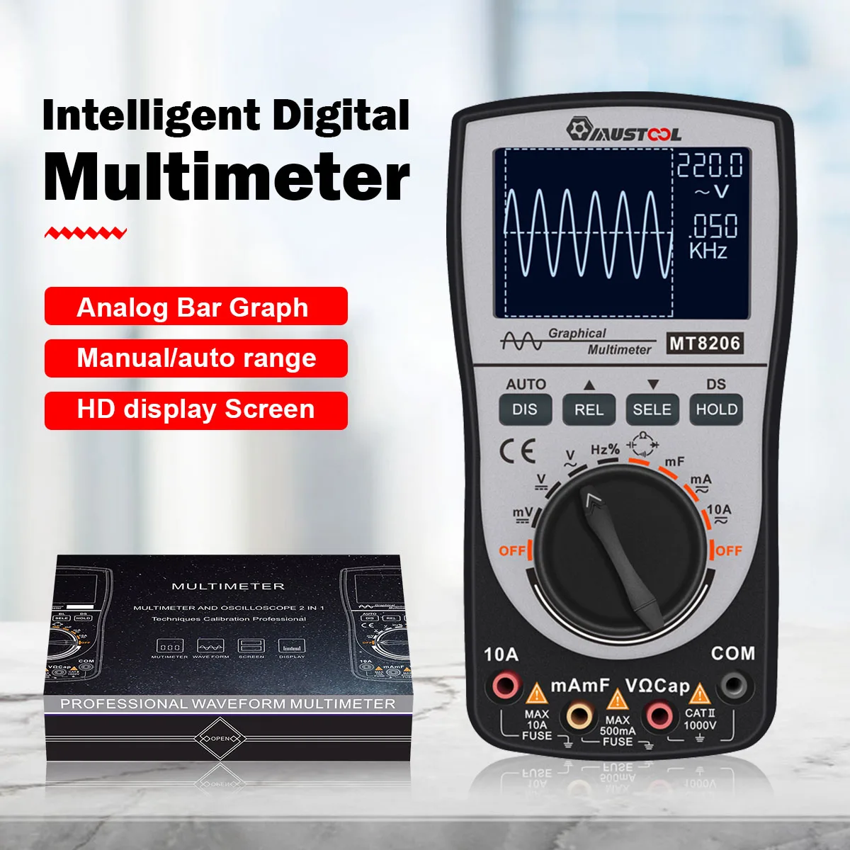 Multim/ètre oscilloscope portable,2 en 1 oscilloscope multimetre intelligent testeur de courant//tension//r/ésistance avec graphique /à barres analogiques