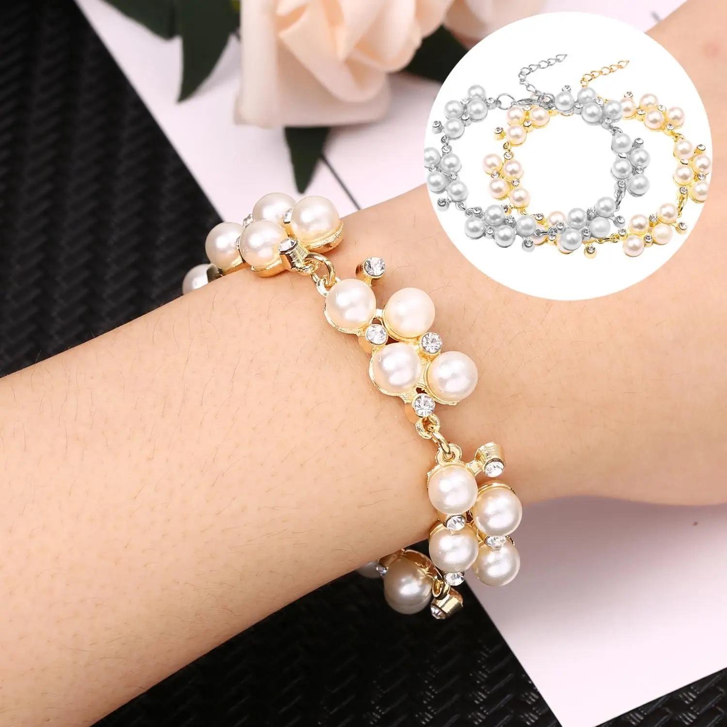 Pulseras de pulsera de perlas de cristal simuladas chapadas en oro, joyería sólida de boda, accesorios de regalo|Brazaletes de cadena y enlaces| - AliExpress